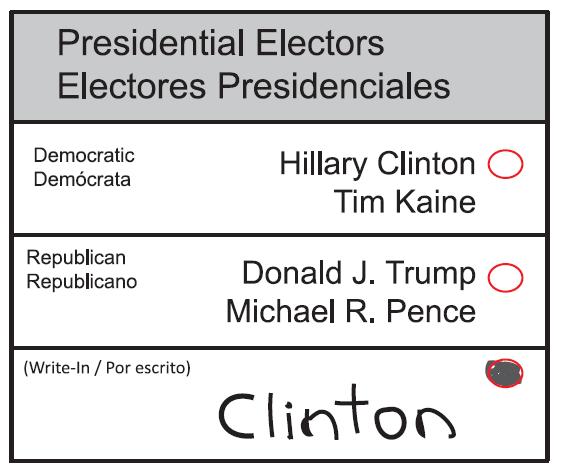 Example 3: Voter writes in only one-half of printed pair with no marking next to printed pair In this example the voter has marked the write-in candidate column.