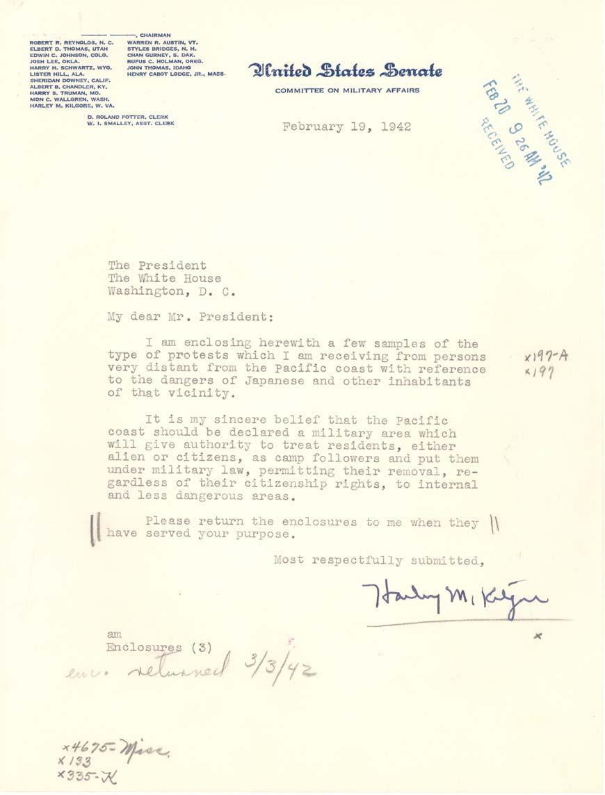 Document 5: Letter, Sen. Harley M. Kilgore to President Roosevelt, February 19, 1942: This letter from Sen.