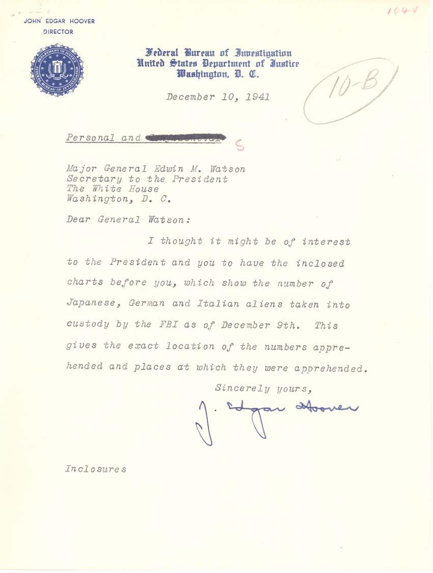 Document 1: J. Edgar Hoover to Edwin M. Watson, December 10, 1941: FBI Director J.