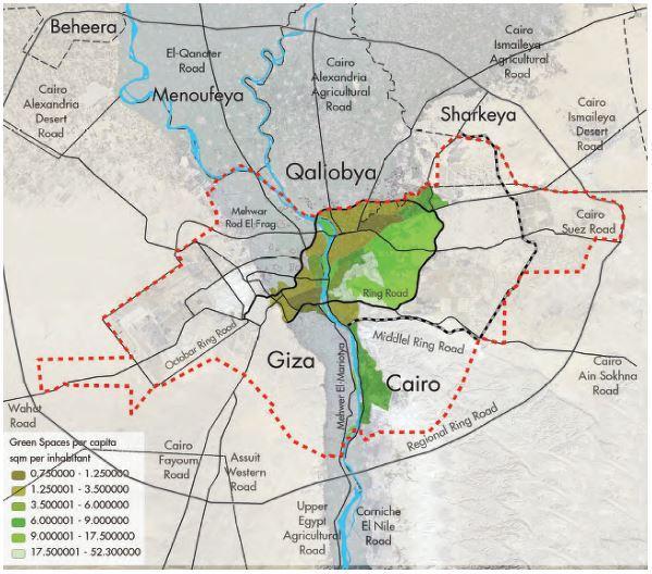 Figure 17: Green space per capita in the Urban Areas of the Greater Cairo Region Source: GOPP 2012 Vacant and underutilized lots offer significant opportunities for increasing open space in Arab
