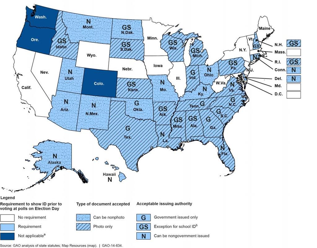 Figure 3: Map of States that Have Enacted Voter Identification (ID) Requirements, as of June 2014 Notes: This map includes states with enacted requirements that are currently in effect or scheduled