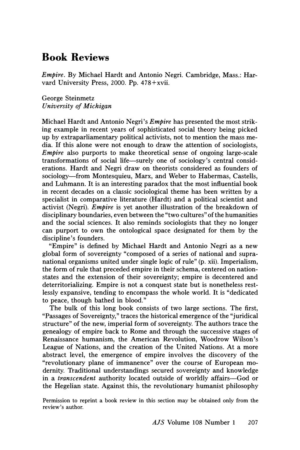 Book Reviews Empire. By Michael Hardt and Antonio Negri. Cambridge, Mass.: Harvard University Press, 2000. Pp. 478+xvii.