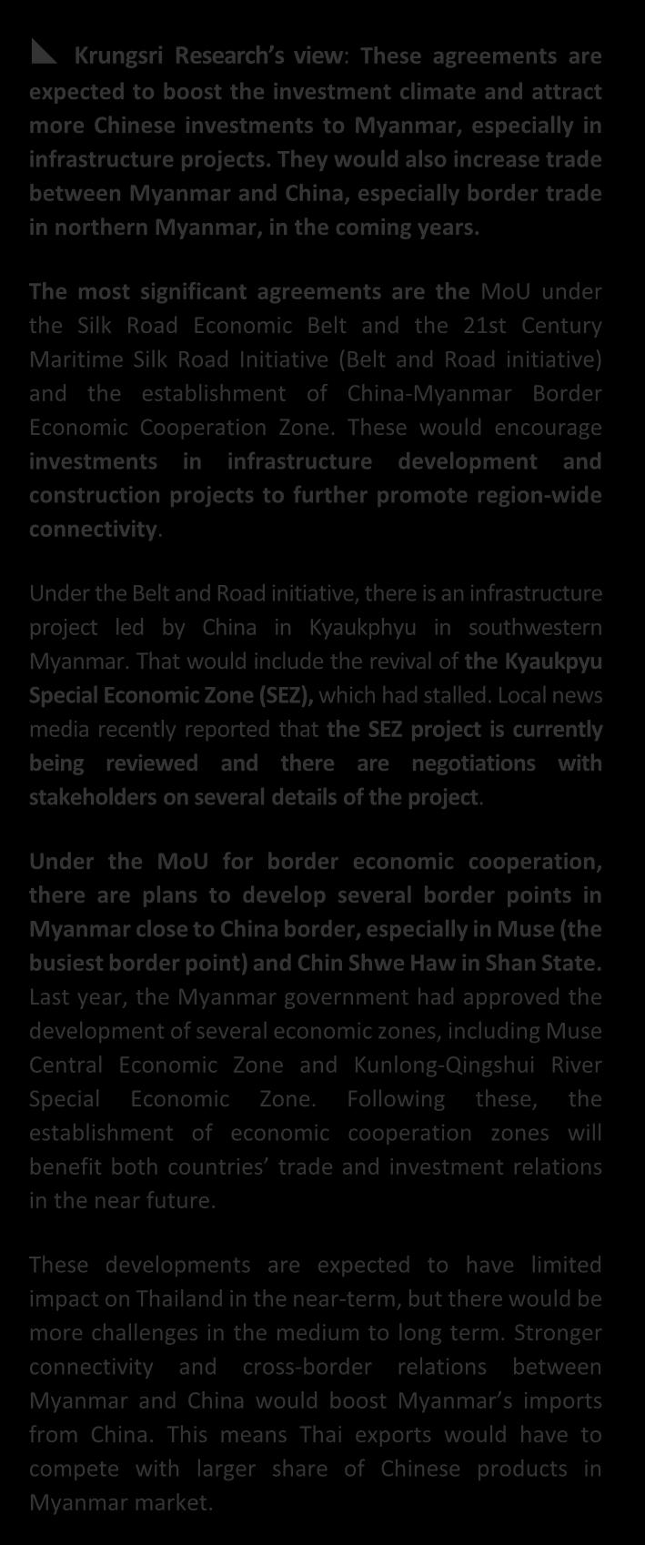 Myanmar and China sign five agreements to strengthen bilateral cooperation In May 2017, during an official visit led by Myanmar s Foreign Minister Daw Aung San Suu Kyi to attend the Belt and Road