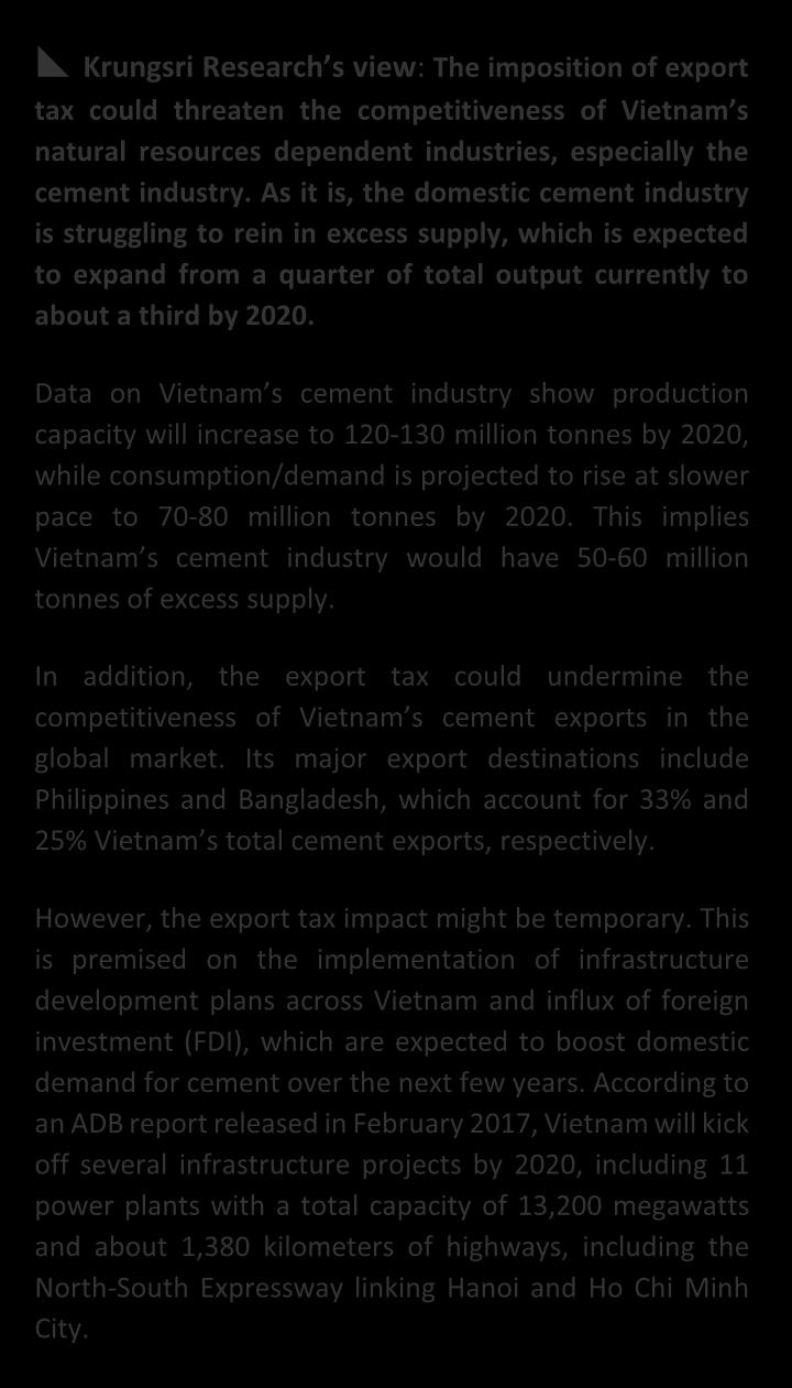 Policy Update Vietnam imposes 5% export tax on products processed from natural resources or minerals; this could hurt the cement industry Vietnam news media recently reported that the government has