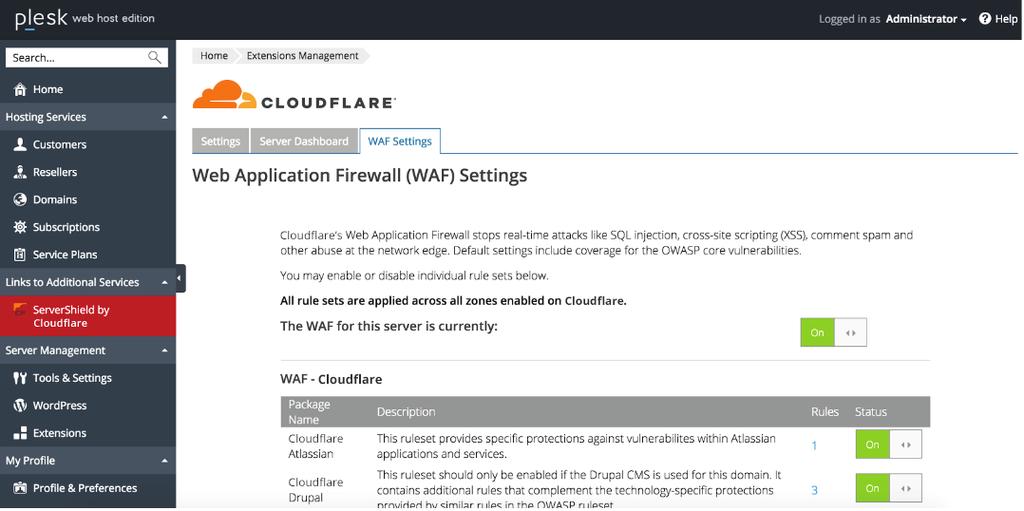 STEP IV Activation of ServerShield Plus: WAF Rulesets To activate Cloudflare WAF Rulesets, go to Links to Additional Services and click on ServerShield by Cloudflare.