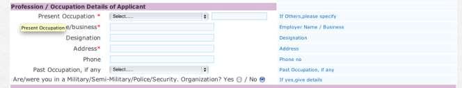 ProfessionOccupation Details of Applicant Present Occupation: If retired, please select Retired from the drop down menu and then fill in NA for anything with red stars next to it.