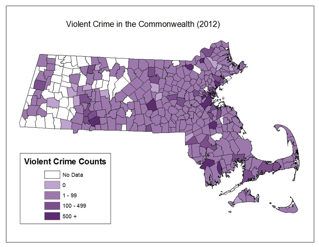Where the two preceding maps displayed information for only the ten most violent communities, by volume and rate, respectively, Map 3 illustrates the distribution of the volume of all reported