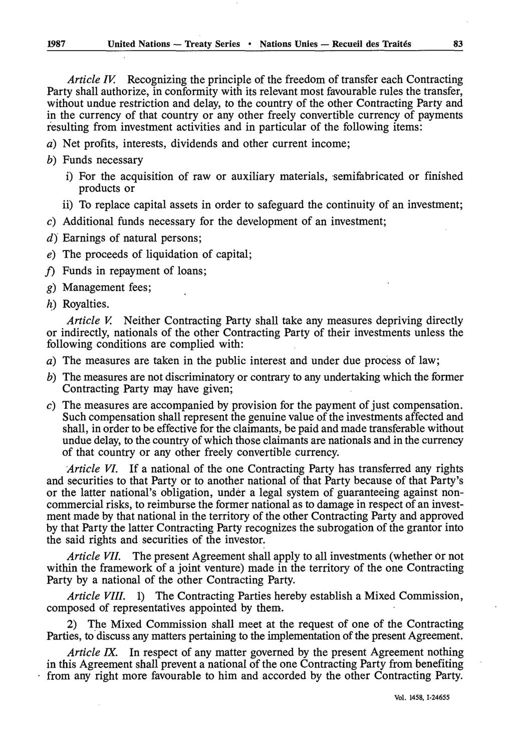 1987 United Nations Treaty Series Nations Unies Recueil des Traités 83 Article IV.