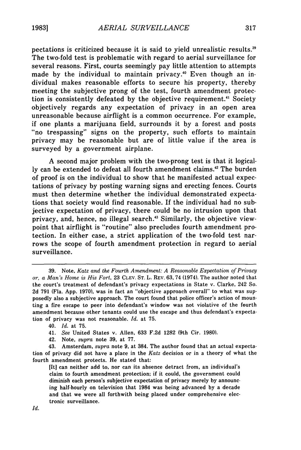 1983] Horvath: Fourth Amendment Implications of Warrantless Aerial Surveillance AERIAL SURVEILLANCE pectations is criticized because it is said to yield unrealistic results.