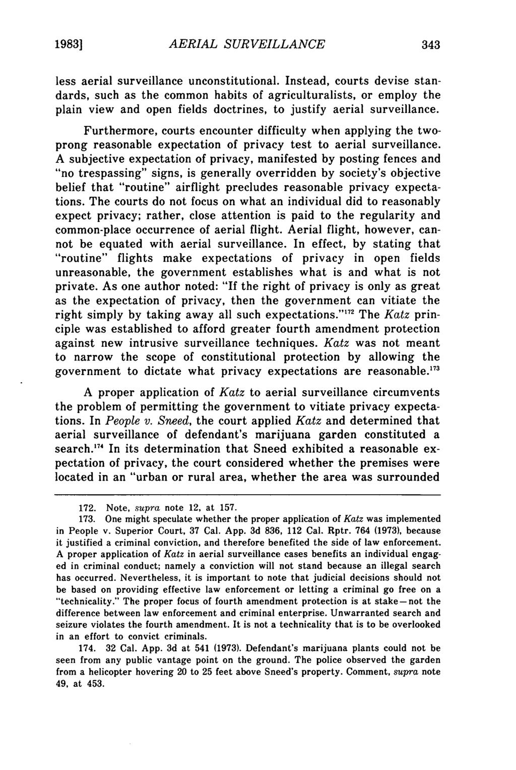 Horvath: Fourth Amendment Implications of Warrantless Aerial Surveillance 1983] AERIAL SURVEILLANCE less aerial surveillance unconstitutional.