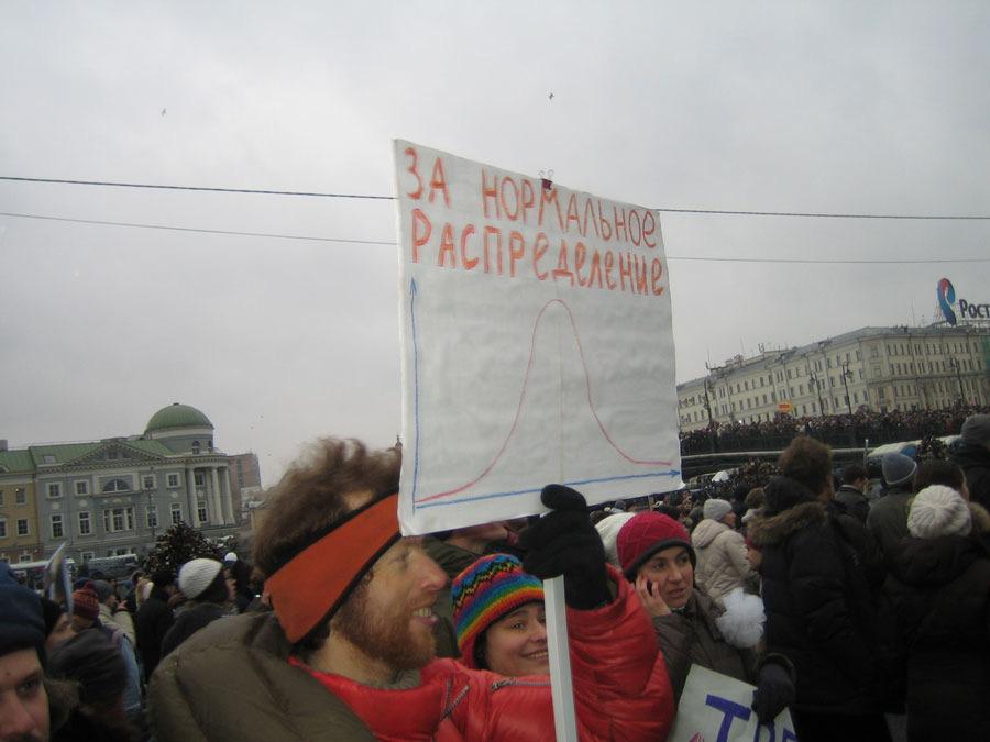 Figure 10. Protest against unfair elections, 10 December 2011, Moscow [8-9]. Phrases in the posters are For the normal distribution (left) and In Gauss we trust!