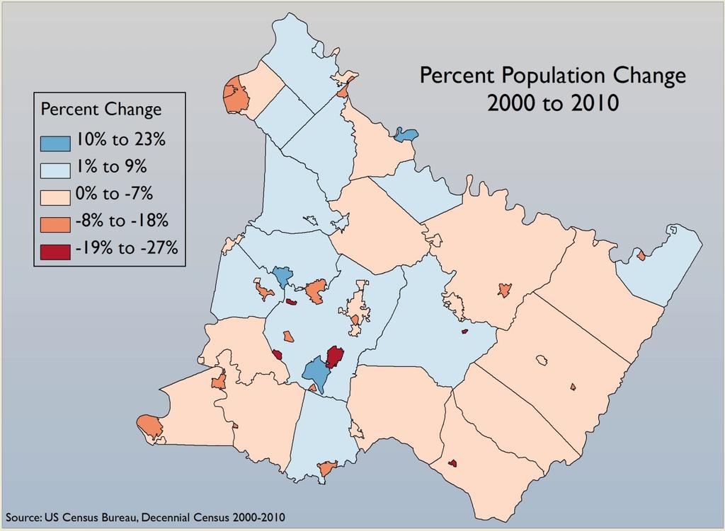 Population Trends, Changes & Conditions As the map at left shows, most of the population growth over the past ten years occurred in the County s western municipalities and in particular, the suburban