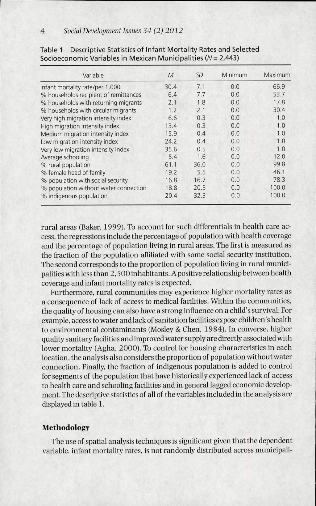 4 Social Development Issues 34 (2) 2012 Table 1 Descriptive Statistics of Infant Mortality Rates and Selected Socioeconomic Variables in Mexican Municipalities (N= 2,443) Variable M SD Minimum