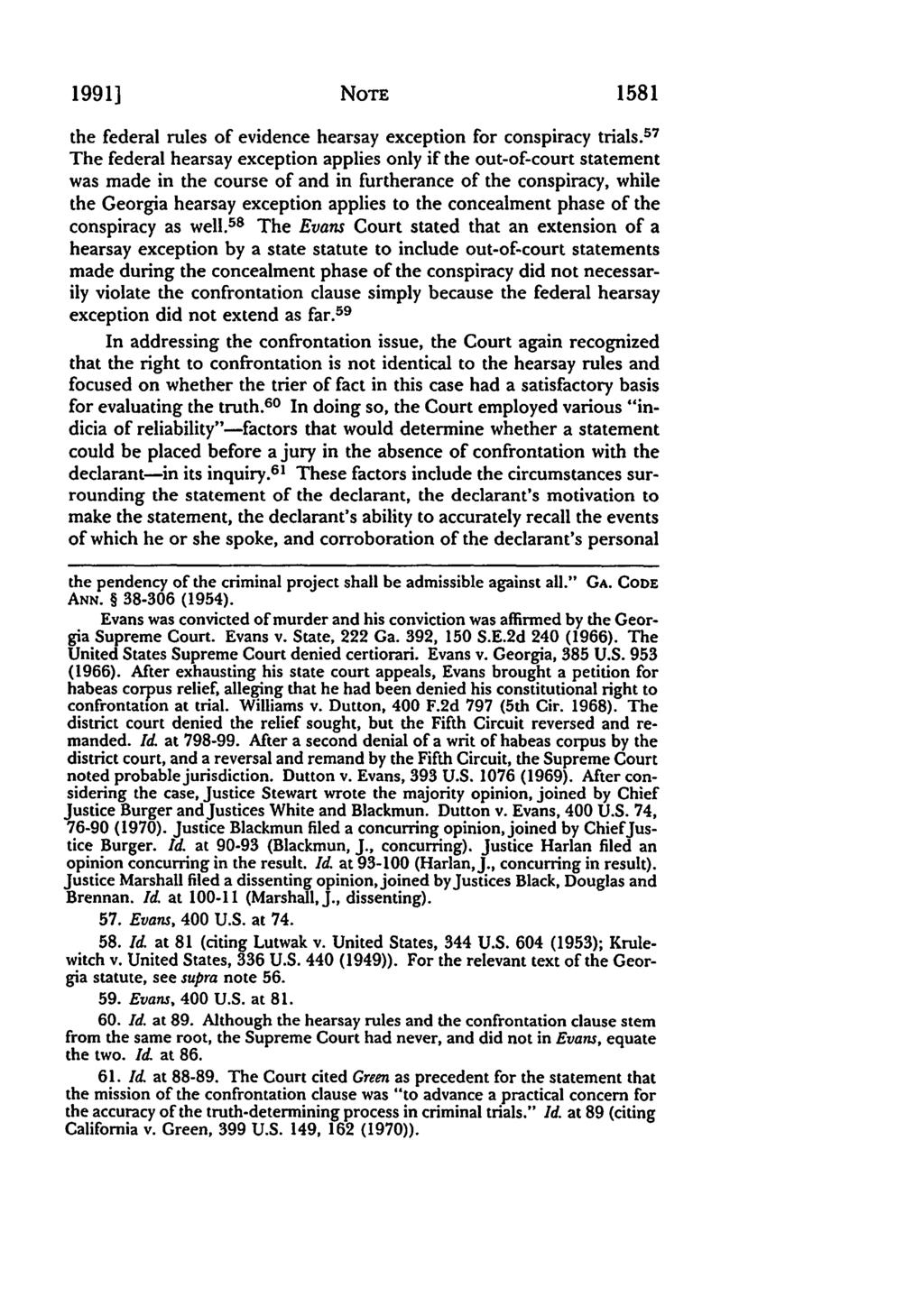 Tomlinson: Maryland v. Craig: Televised Testimony and an Evolving Concept of 1991] NOTE 1581 the federal rules of evidence hearsay exception for conspiracy trials.