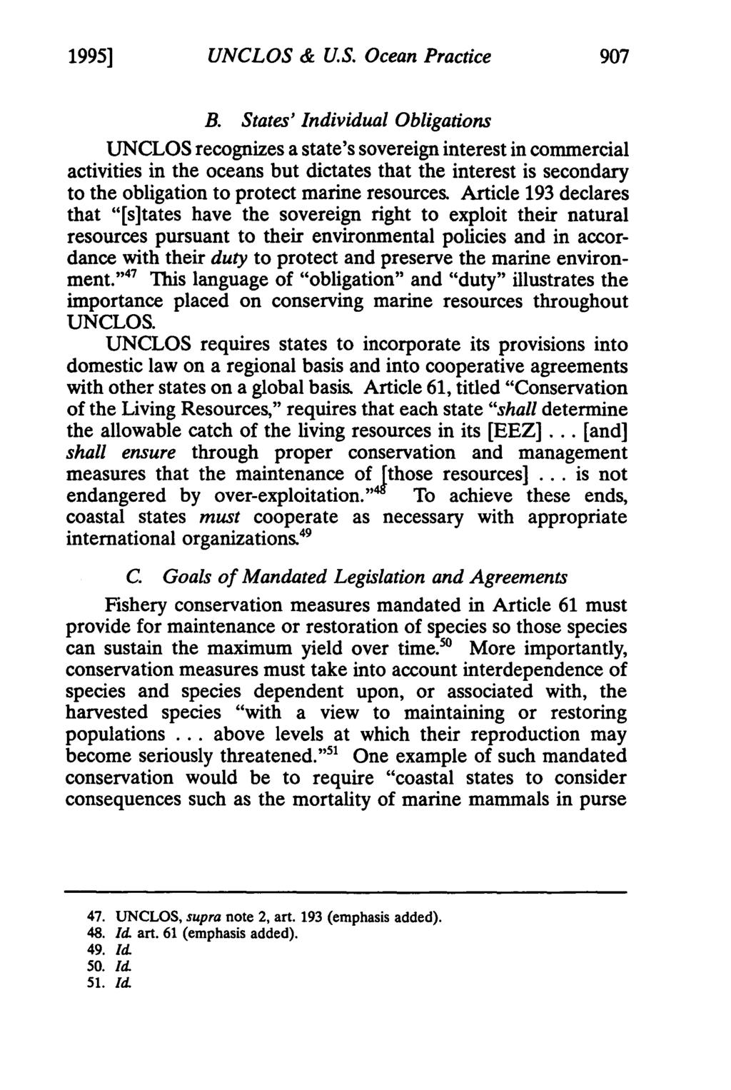 1995] UNCLOS & US. Ocean Practice 907 B.