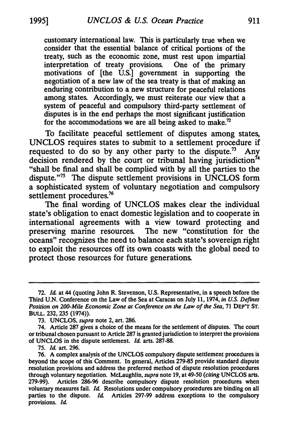 1995] UNCLOS & U.S. Ocean Practice customary international law.
