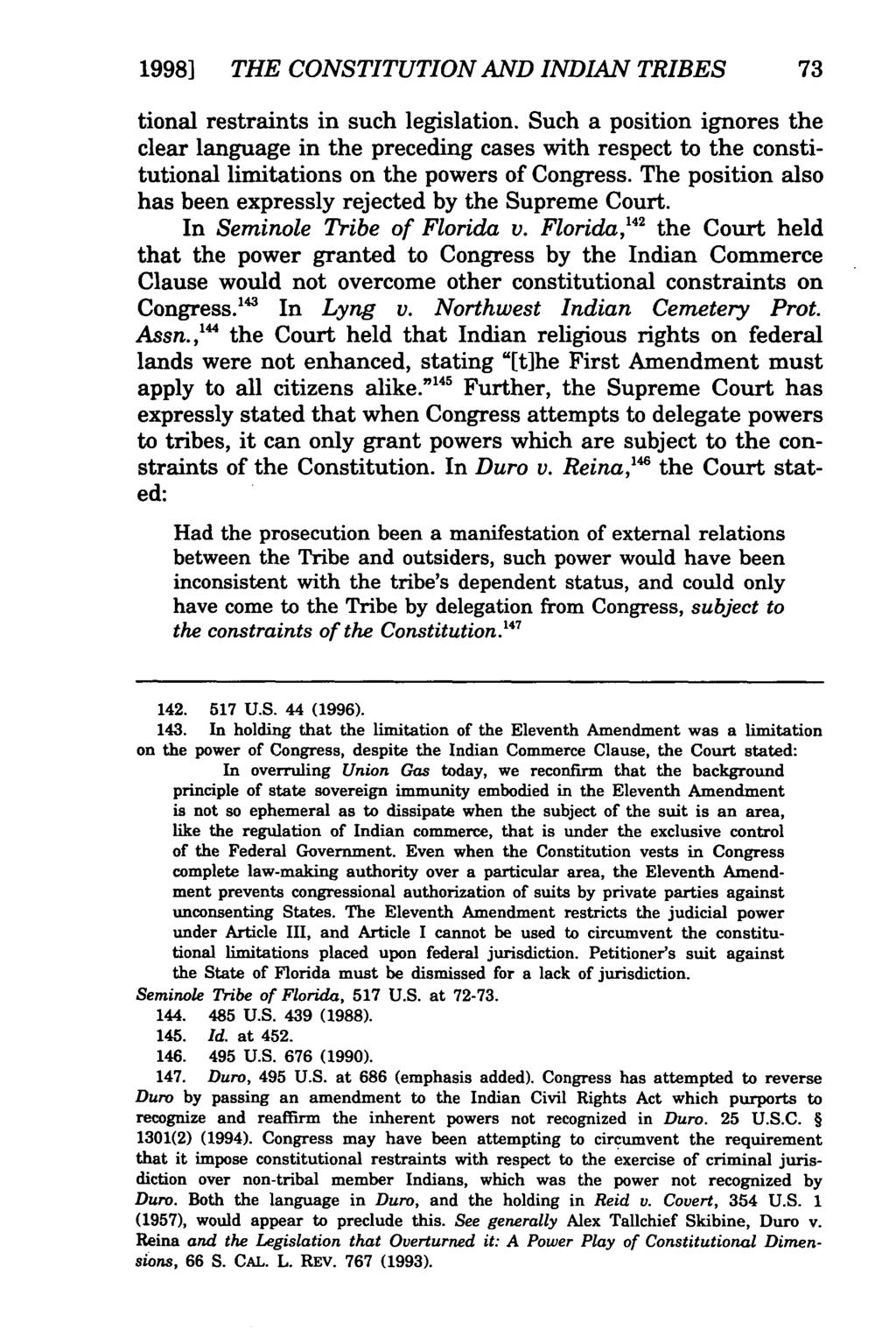 Poore: The Constitution of the United States Applies to Indian Tribes 1998] THE CONSTITUTION AND INDIAN TRIBES 73 tional restraints in such legislation.