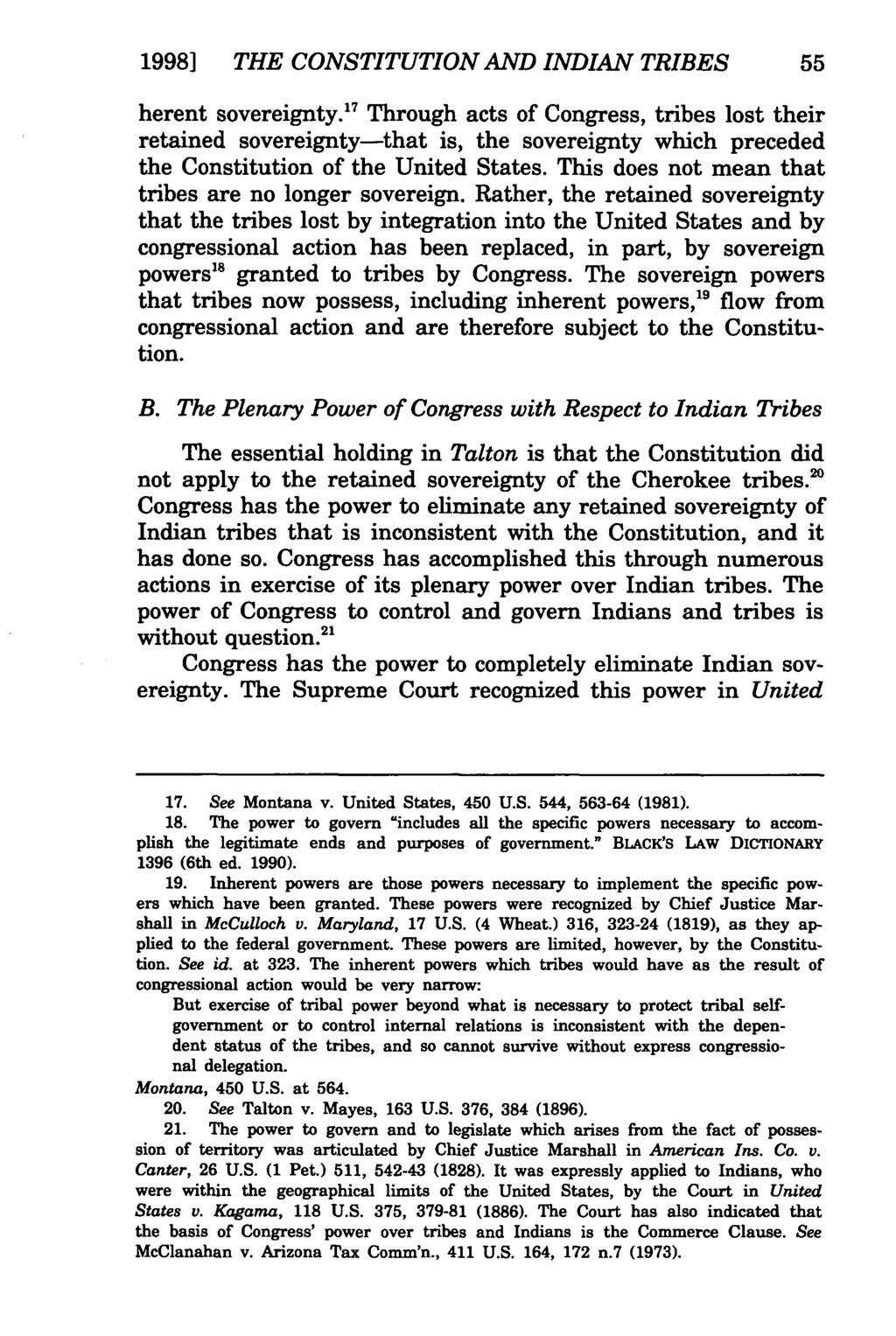 1998] Poore: The THE Constitution of the United States Applies to Indian Tribes CONSTITUTION AND INDIAN TRIBES 55 herent sovereignty.