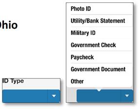 Step 6 (Electronic Poll Book/Signature Book Precinct Election Official): Record the ID type. Using the ID Type pop up list, select the type of ID provided.