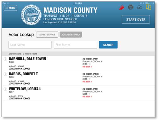 A list of potential matches is displayed. If the voter record background is white, the voter may be able to vote a regular ballot.