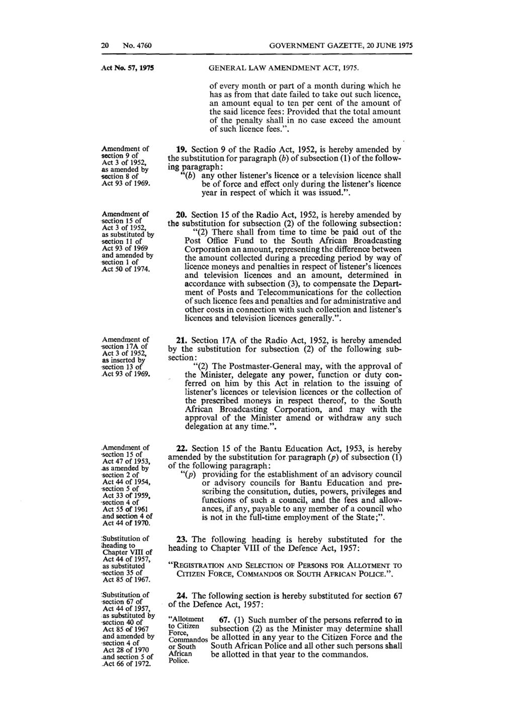 20 No. 4760 GOVERNMENT GAZETTE, 20 JUNE 1975 Act No. 57, 1975 GENERAL LAW AMENDMENT ACT, 1975.