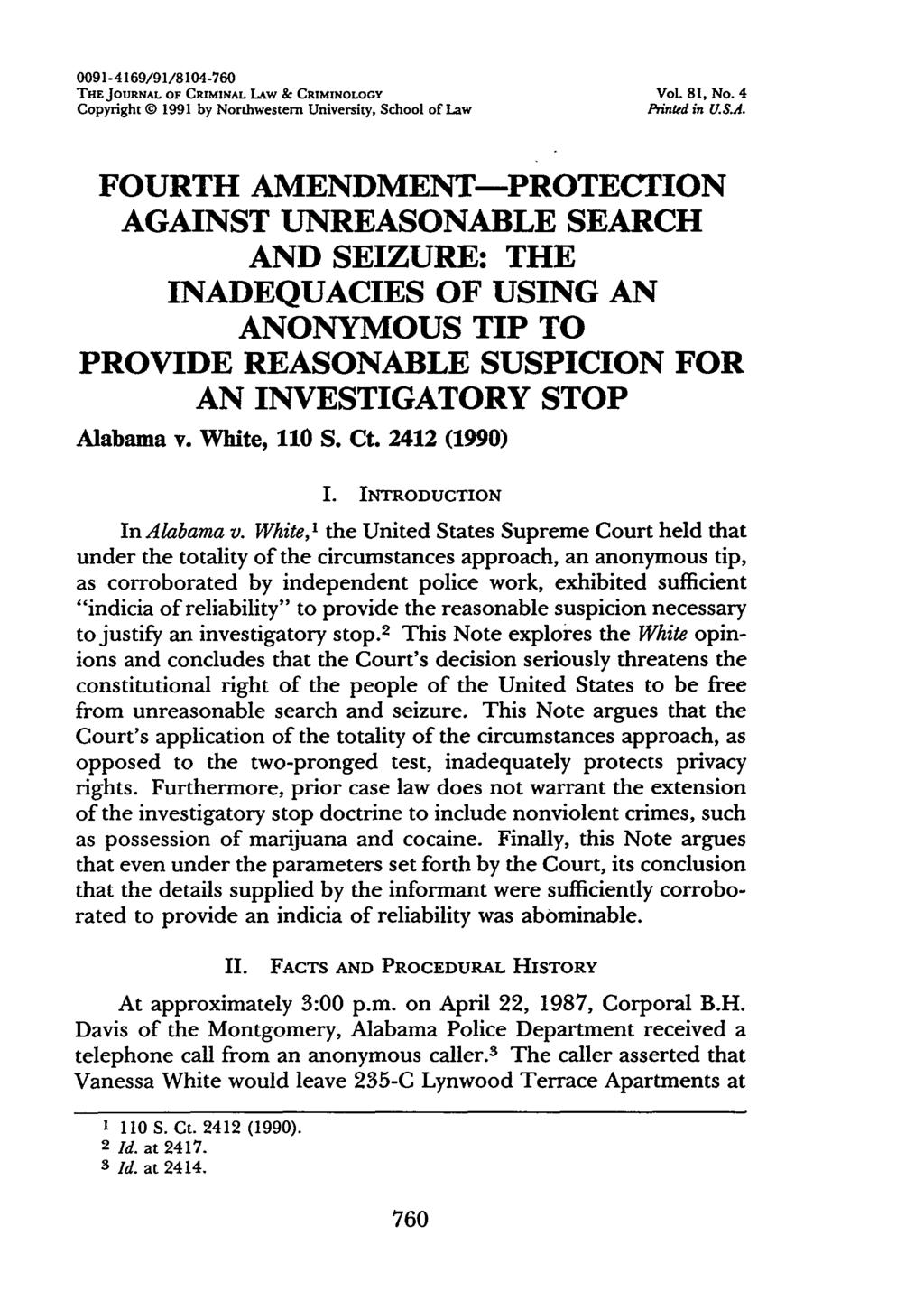 0091-4169/91/8104-760 THE JOURNAL OF CRIMINAL LAW & CRIMINOLOGY Vol. 81, No. 4 Copyright 1991 by Northwestern University, School of Law Pnted in U.SA.
