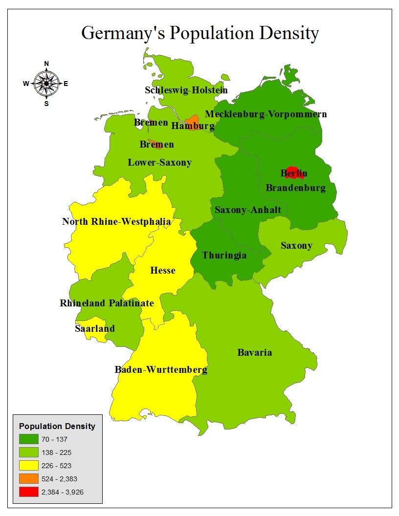 Figure 2-6. Density per square Kilometer. While Map 3 shows Nordrhein-Westfalen with the largest population, that state does not have the largest population.