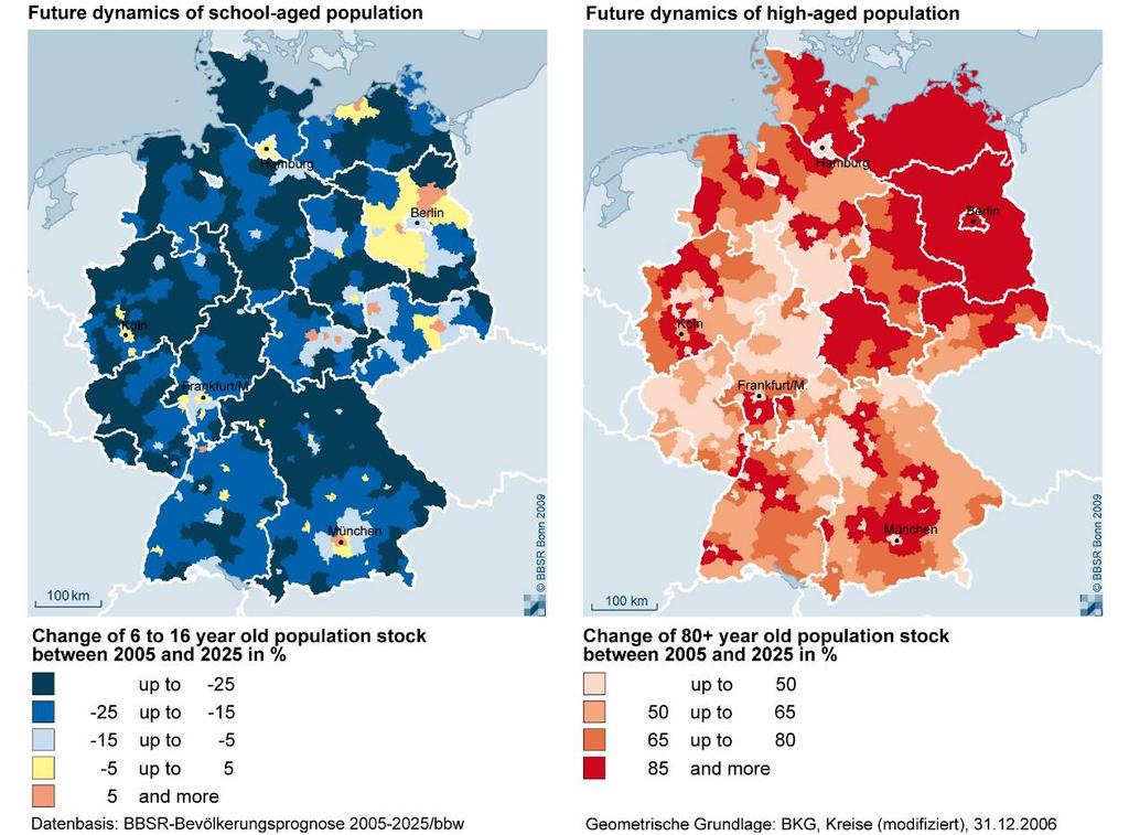 Fig 9: Future dynamics of school-aged and high-aged population A future decline in school population by one fifth is expected for Germany as a whole until 2025.