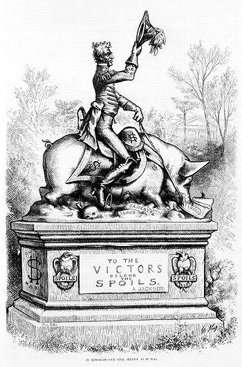 A Thomas Nast Cartoon that makes fun of Spoils System created by President Andrew Jackson. Harper's Weekly, 1877 April 28, p. 325.