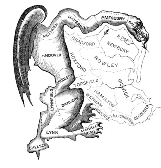 Political cartoon of district drawn to help the Democratic-Republican Party defeat the Federalist Party in Massachusetts, originally published in the Boston Centinel, 1812 (public domain) State