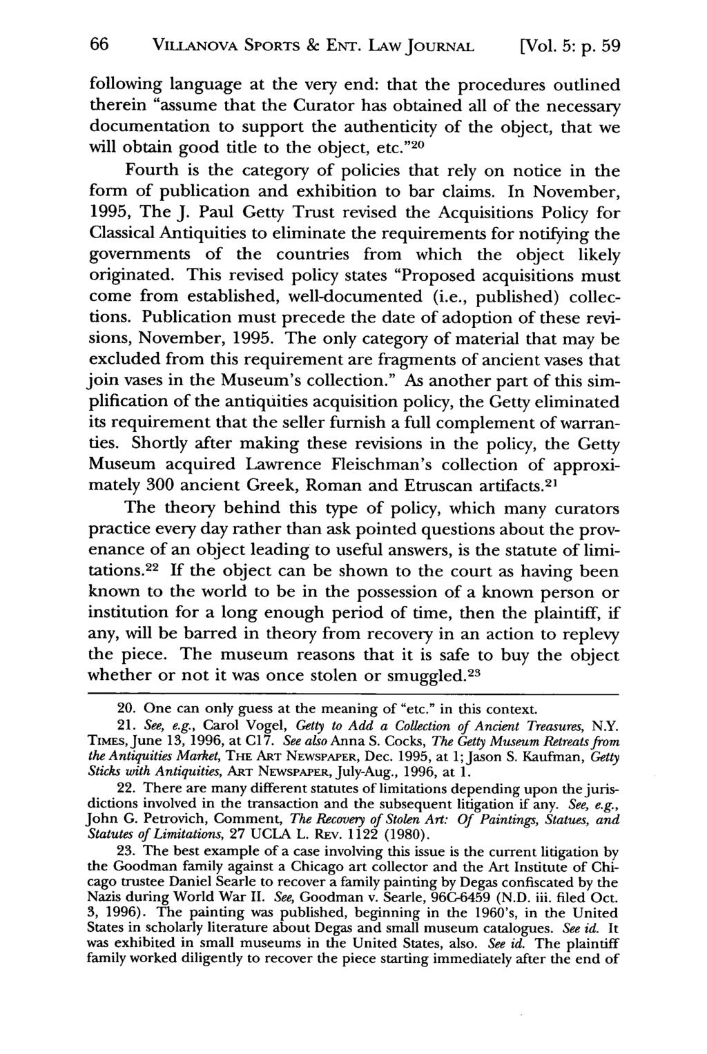 66 VILLANOVA Jeffrey S. Moorad SPORTS Sports & Law ENT. Journal, LAw Vol. 5, JouRNAL Iss. 1 [1998], Art. 5 [Vol. 5: p.