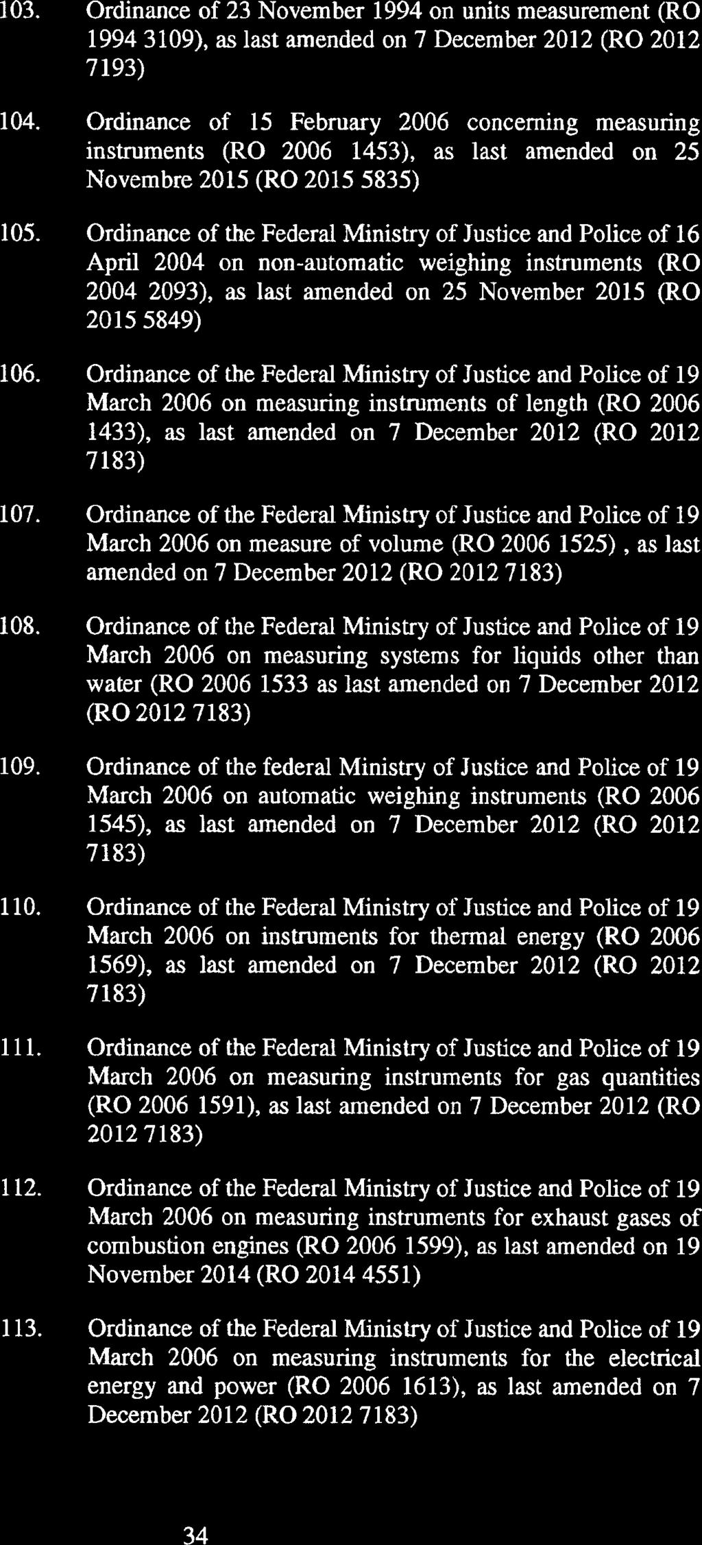 103. Ordinance of 23 November 1994 on units measurement (RO 1994 3109), as last amended on 7 December 2012 (RO 2012 7193) 104.