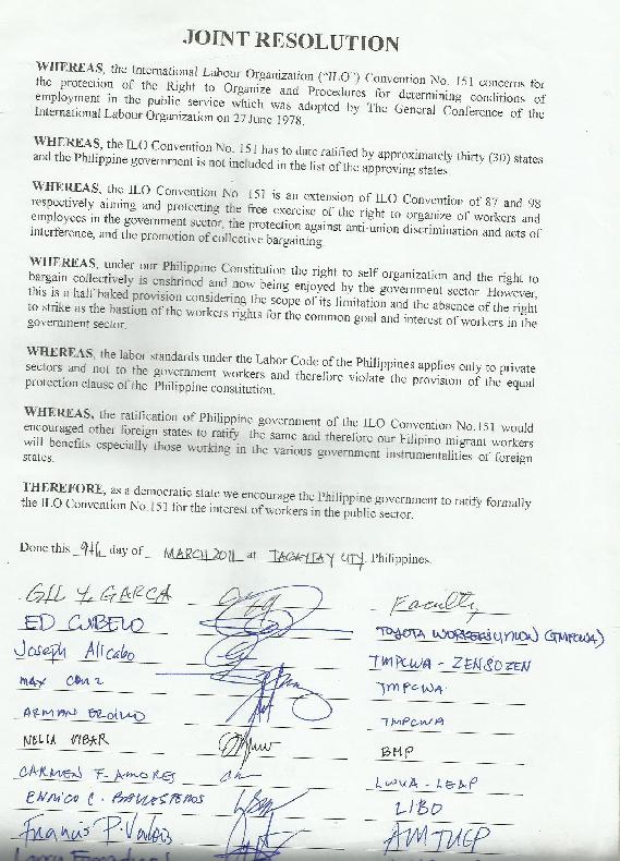 signatures and support of labors leaders and activists (TUCP, FFW, APL, BMP and other independent unions