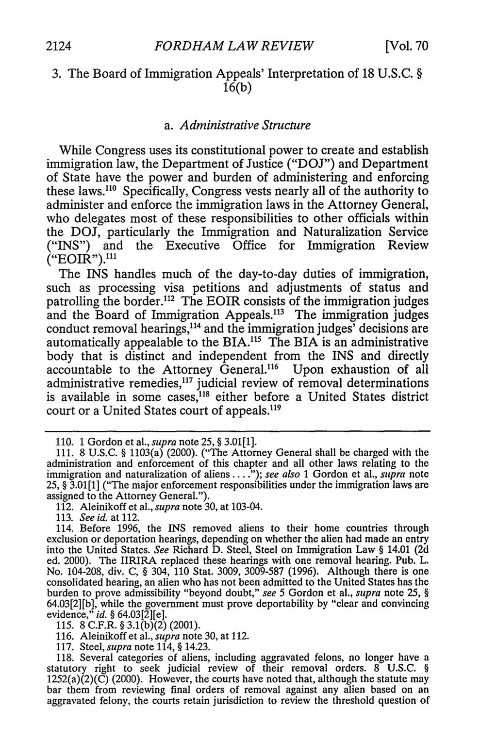 2124 FORDHAM LAW REVIEW [Vol. 70 3. The Board of Immigration Appeals' Interpretation of 18 U.S.C. 16(b) a.