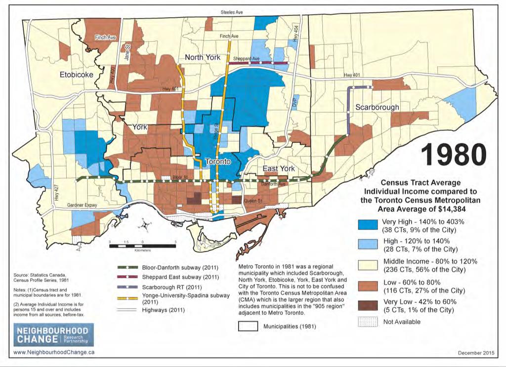 I n c o m e I n e q u a l i t y a n d P o l a r i z a t i o n : P a r t I 11 Map 1: Average Individual Income by Census Tract in the City of Toronto, 1980 Source: Census of Canada 1980.