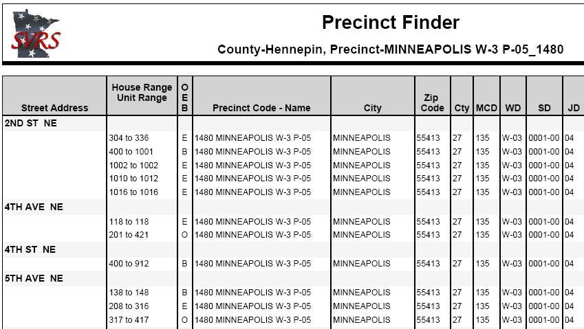 Using the Precinct Finder The precinct finder is a reference sheet for all street addresses in your precinct. It does not list each address individually, but instead groups them into address ranges.
