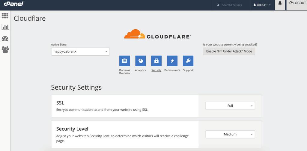 Once your customer logs in to the Cloudflare cpanel plugin Security tab, they