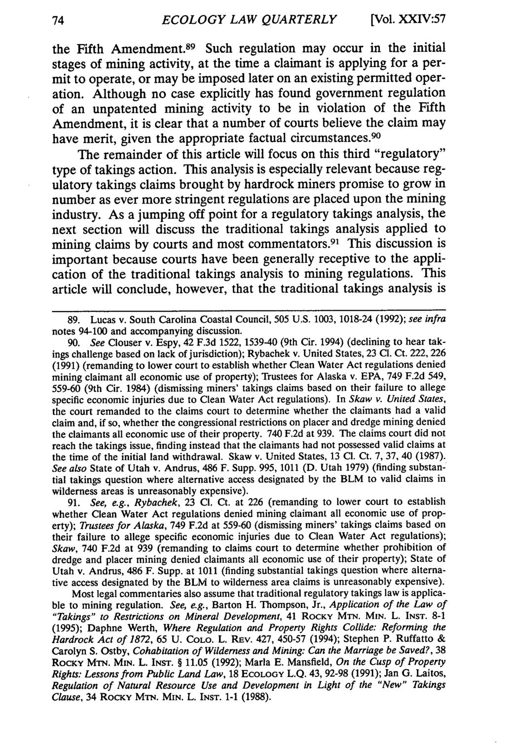 ECOLOGY LAW QUARTERLY [Vol. XXIV:57 the Fifth Amendment.