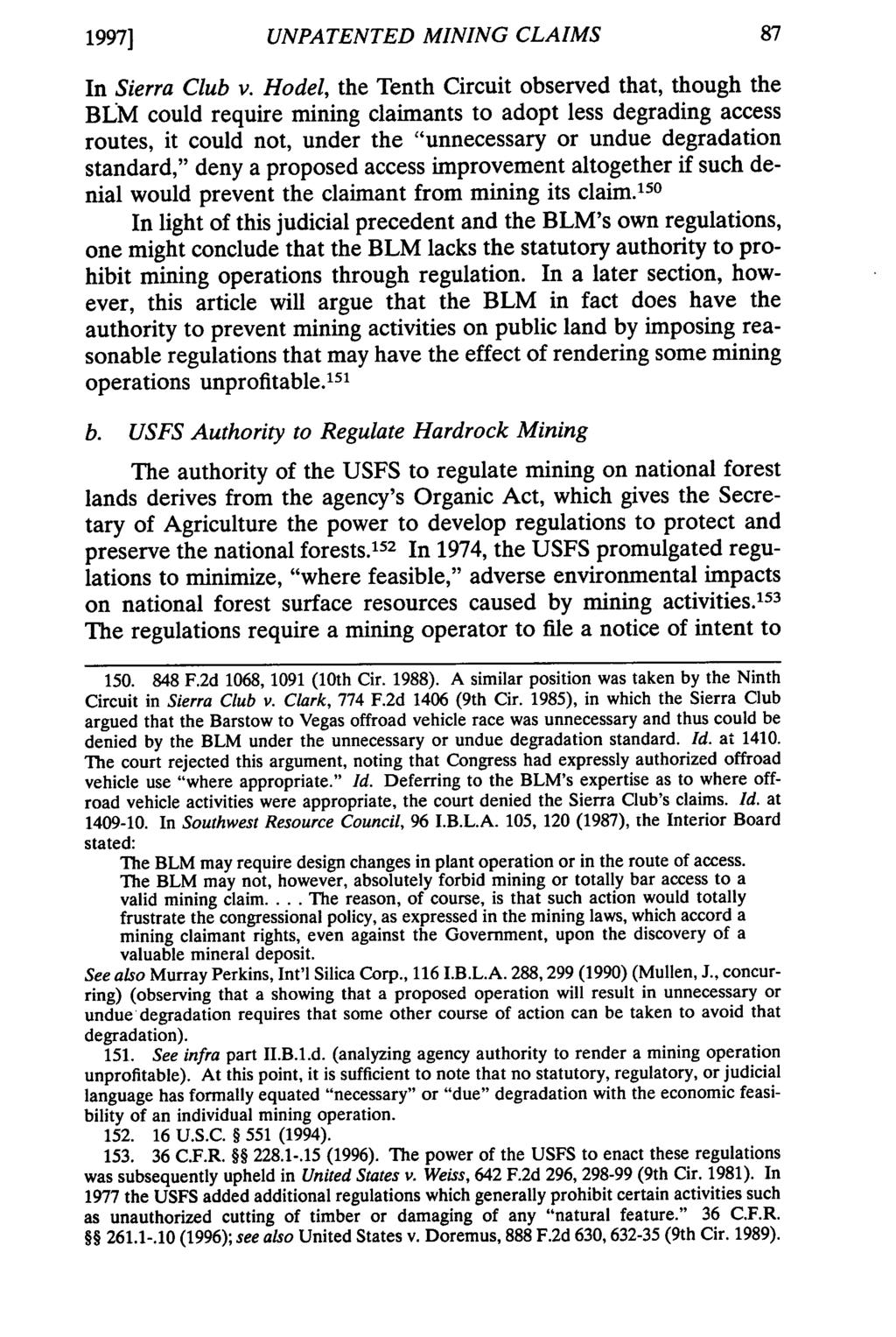 1997] UNPATENTED MINING CLAIMS In Sierra Club v.