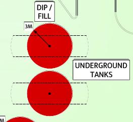 The map indicates the radius of the Hazardous Zone for each asset type. Distance of Hazardous Zones Here, it indicates that the Dip/Fill point has a Hazardous Zone of three metres radius.