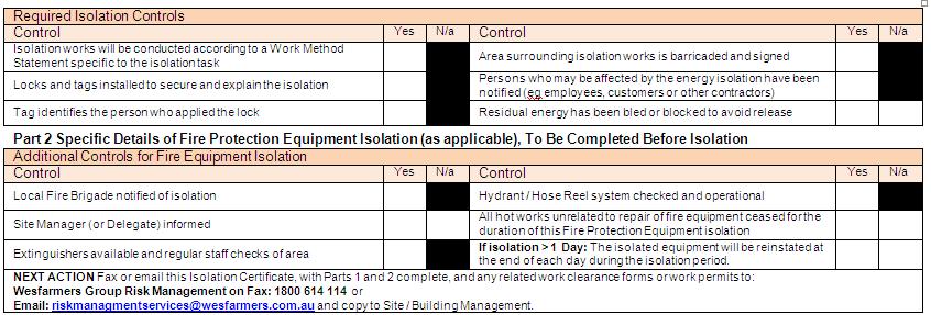 Controls When Isolating Equipment If isolating Fire Protection Equipment, a copy of this form will need to be faxed or emailed to Wesfarmers Group Risk Management.