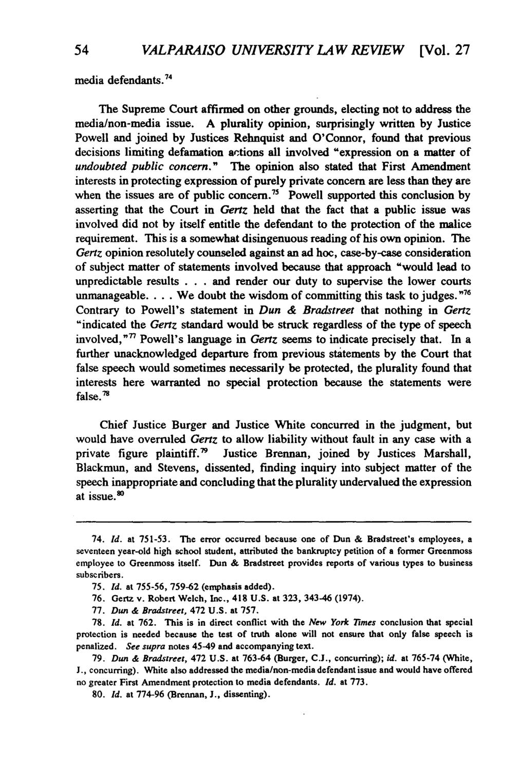 Valparaiso University Law Review, Vol. 27, No. 1 [1992], Art. 2 54 VALPARAISO UNIVERSITY LAW REVIEW [Vol. 27 media defendants.