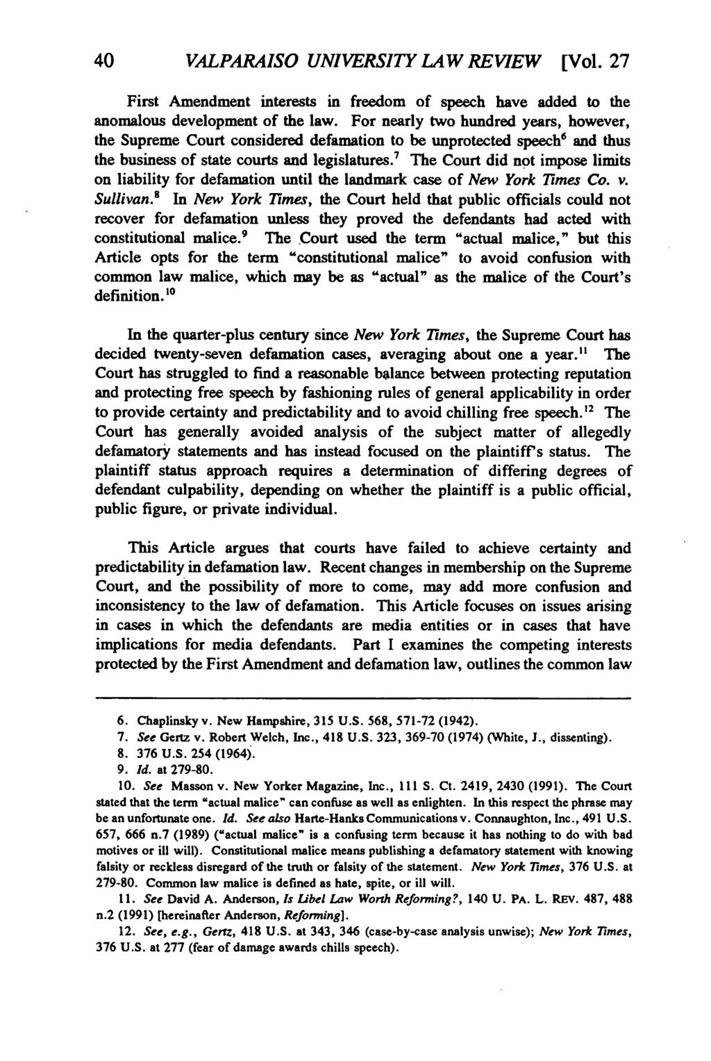 Valparaiso University Law Review, Vol. 27, No. 1 [1992], Art. 2 40 VALPARAISO UNIVERSITY LAW REVIEW [Vol.