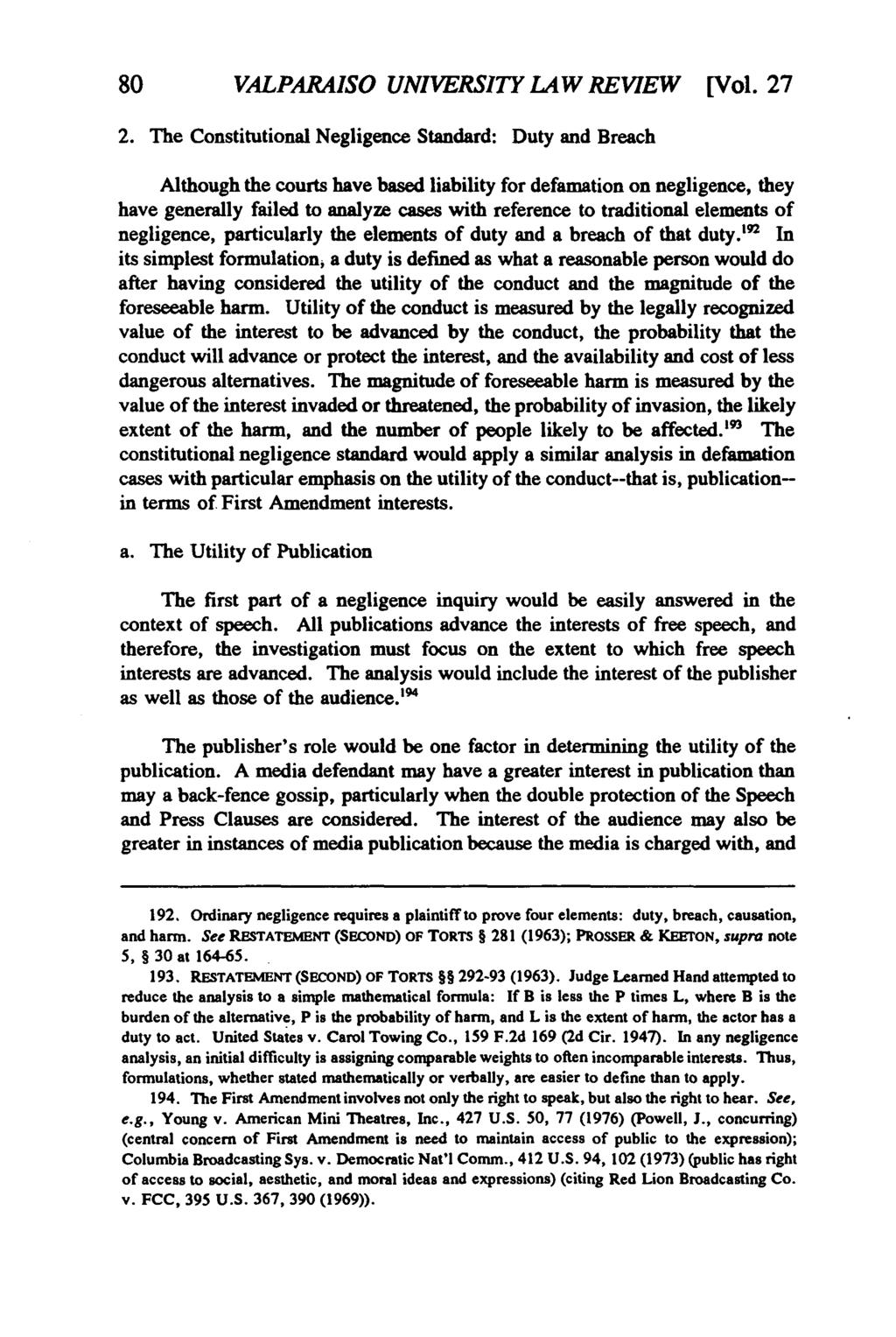 Valparaiso University Law Review, Vol. 27, No. 1 [1992], Art. 2 80 VALPARAISO UNIVERSITY LAW REVIEW [Vol. 27 2.