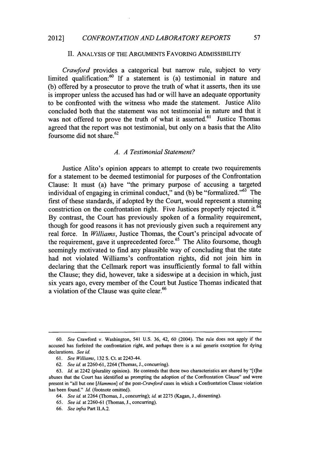 2012] CONFRONTATION AND LABORATORY REPORTS 57 II.