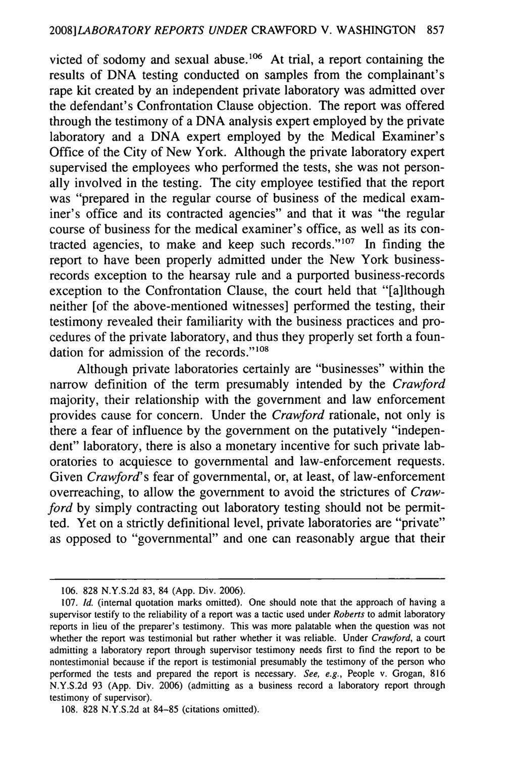 2008]LABORATORY REPORTS UNDER CRAWFORD V. WASHINGTON 857 victed of sodomy and sexual abuse.