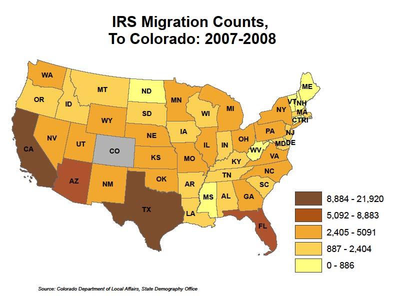 Colorado gross migration This is a map of where people move to Colorado from, based on that IRS data this is just domestic migration -Two factors seem to play a role in where people move to Colorado