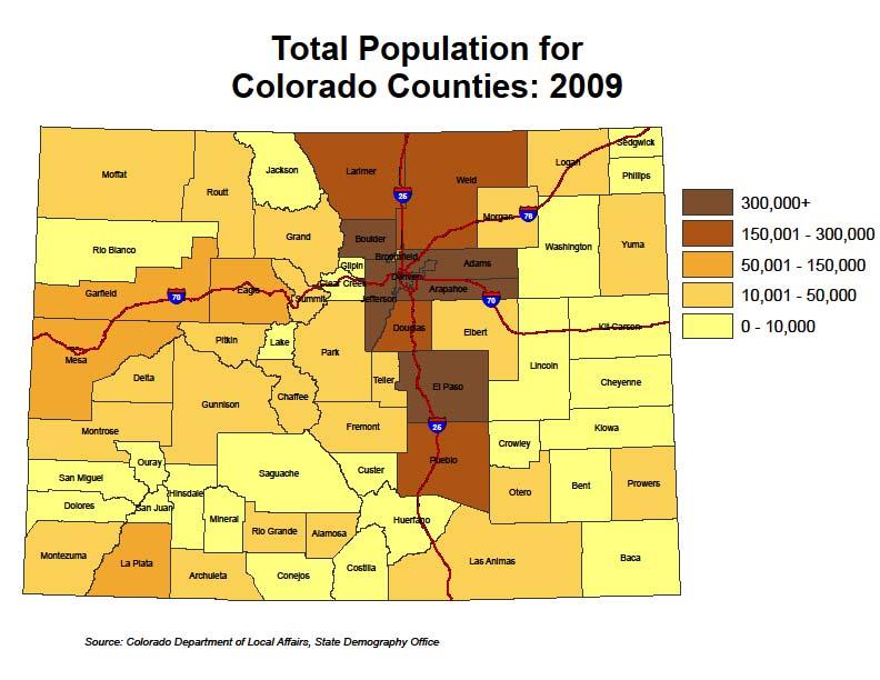 Colorado county population This map show the 2009 population estimates by county -From 2000 to 2009 Weld, Larimer and Douglas have grown quite a bit They are each (esp Douglas and Larimer) close to