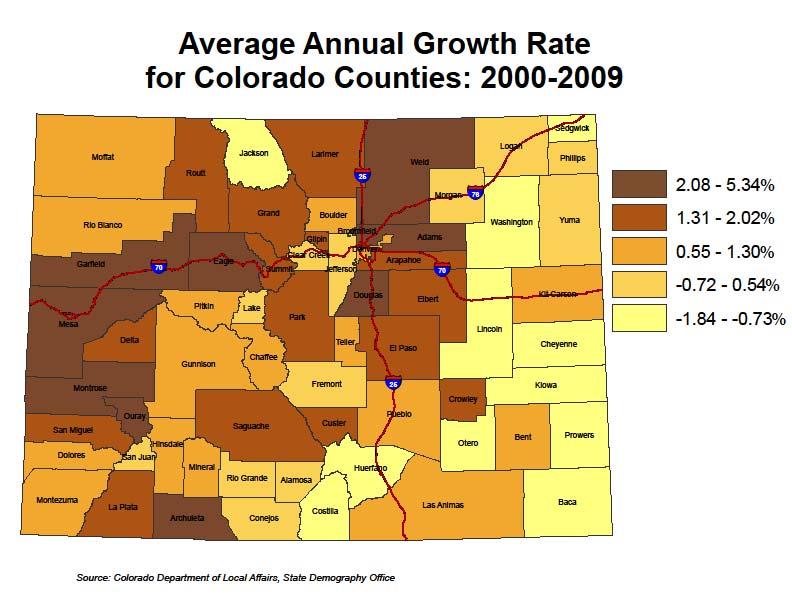 Colorado county growth rate This map shows 2000-2009 population growth Rates by county -While the Front Range continues to grow at a fast clip (especially in the counties that are further out, such