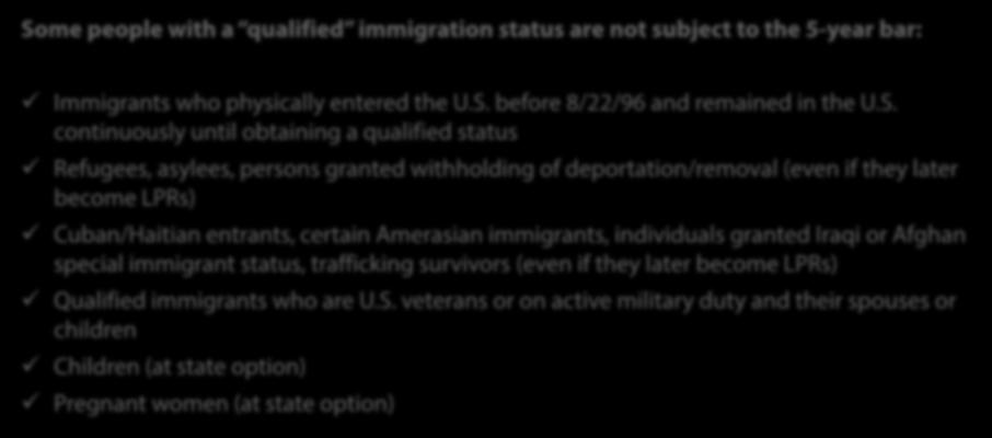 entrants, certain Amerasian immigrants, individuals granted Iraqi or Afghan special immigrant status, trafficking survivors (even if they later become LPRs) Qualified